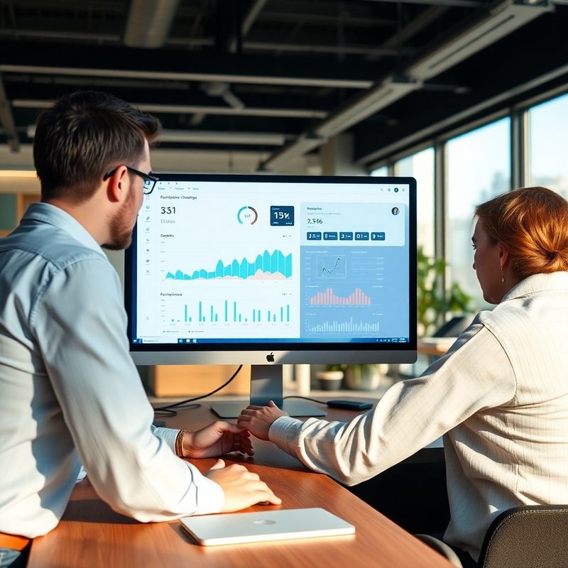 Echipă mică de analiză colaborând în jurul unui monitor cu dashboard azure
